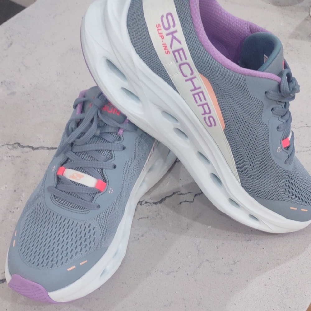 Skechers Slip Ins Go Run Women's Gray Sneakers with Purple Accents